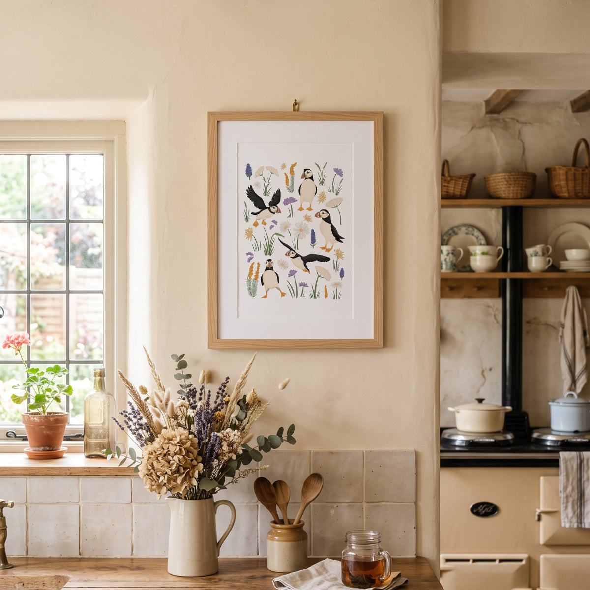 Puffin botanical wall art displayed in a bright cottage-style kitchen with warm neutral walls and natural wood accents.