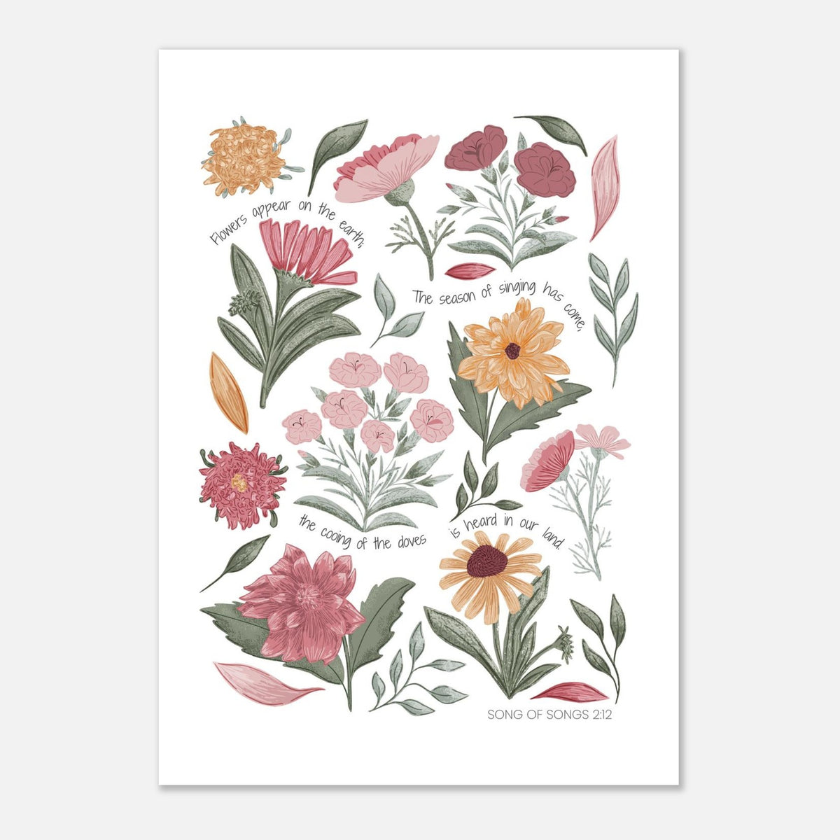 Unframed botanical scripture print featuring pastel flowers inspired by an English cottage garden and Song of Songs 2:12.