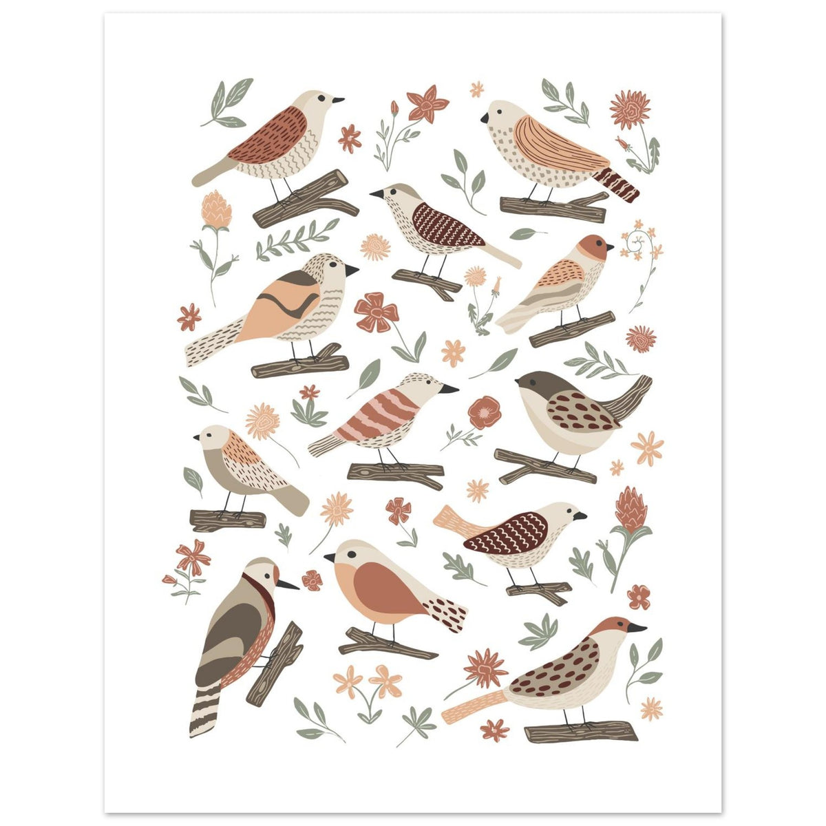 Unframed garden birds art print featuring hand-drawn birds, sparrows, flowers and foliage in soft earthy colours.