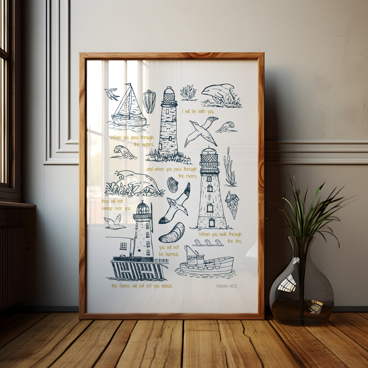 Close-up of hand-drawn nautical Christian art print with lighthouse, sea and coastal details in soft blue tones.