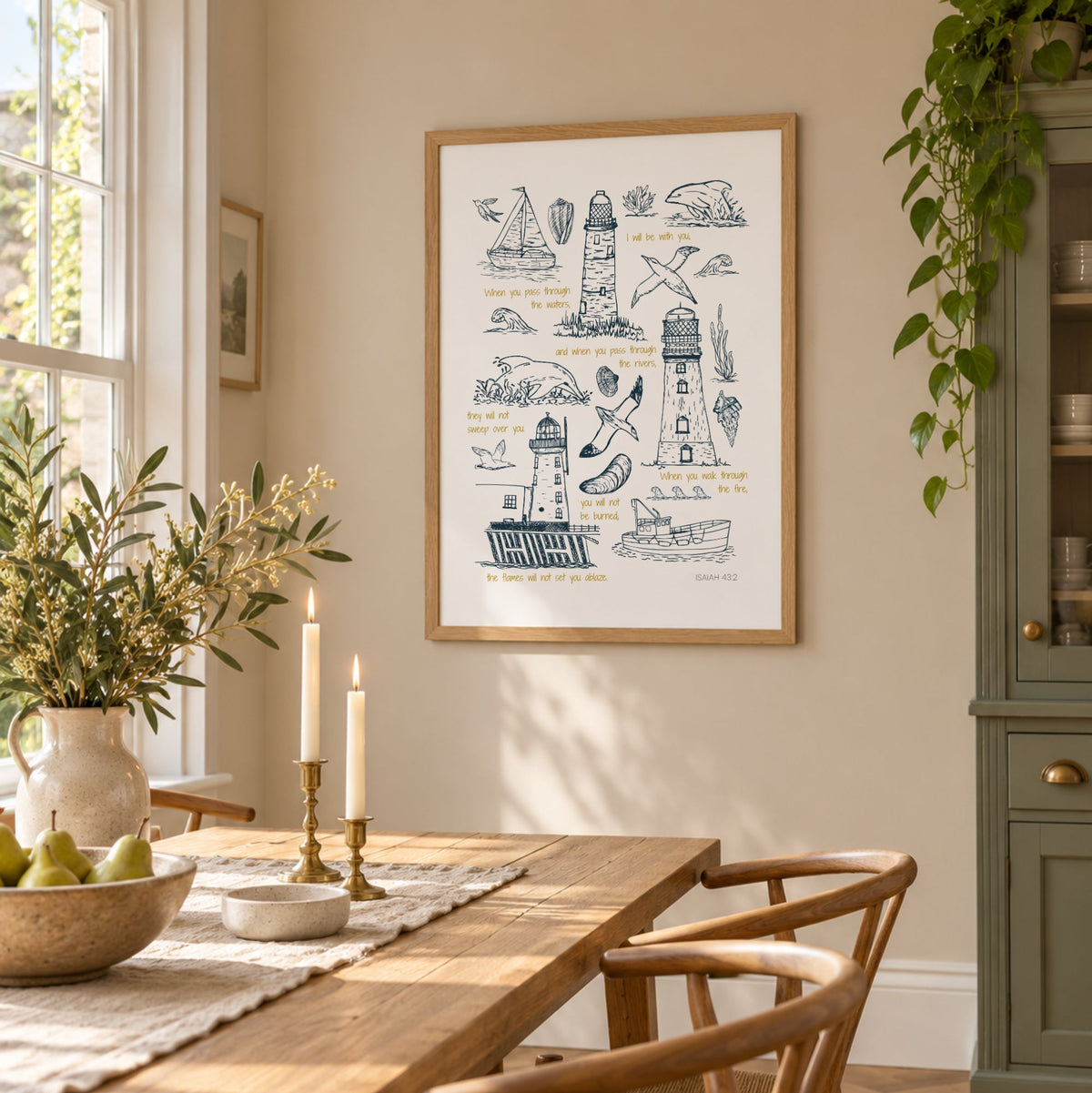Isaiah 43:2 Christian wall art displayed in a bright dining room with natural wood furniture and soft coastal colours.