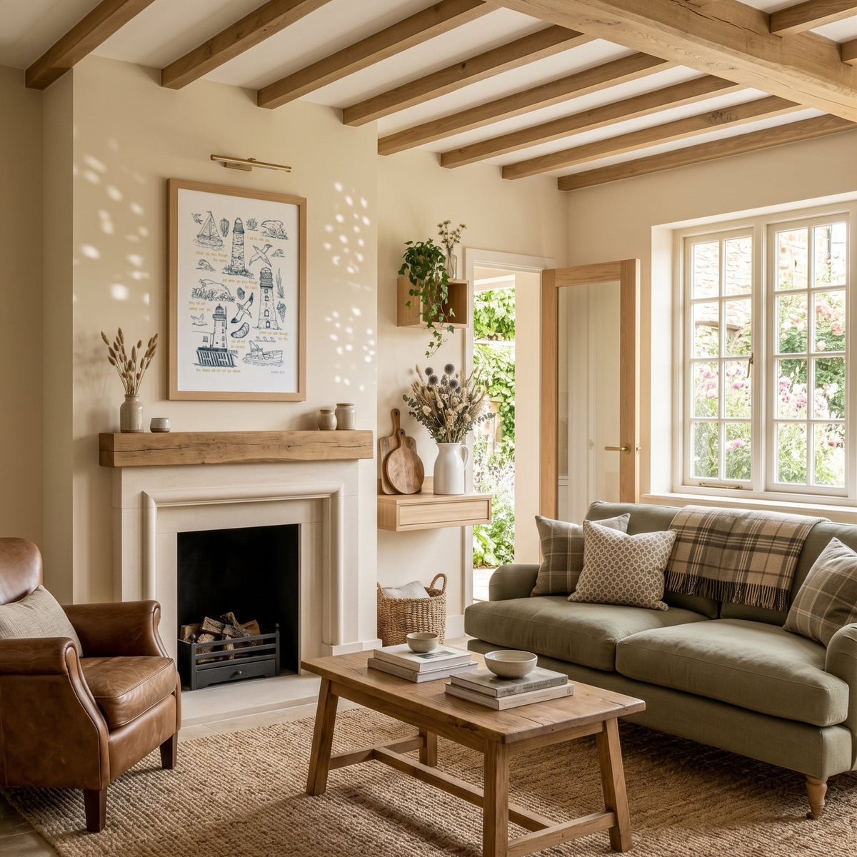 Coastal Christian wall art displayed above a fireplace in a bright living room with exposed wooden beams and neutral furnishings.