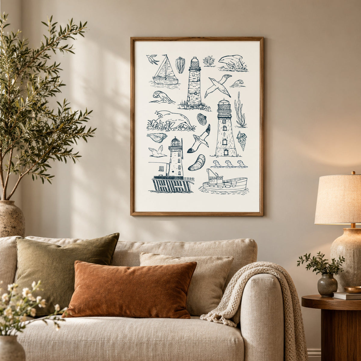 Coastal seascape wall art displayed above a neutral sofa in a cosy living room with warm earthy accessories.