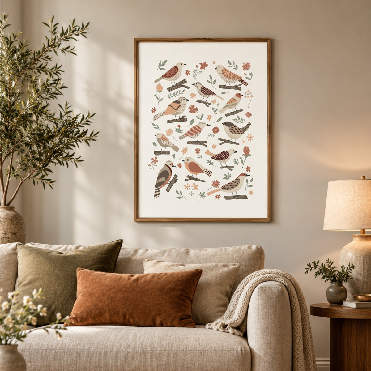 Botanical bird wall art displayed above a neutral sofa in a cosy living room with warm natural textures.