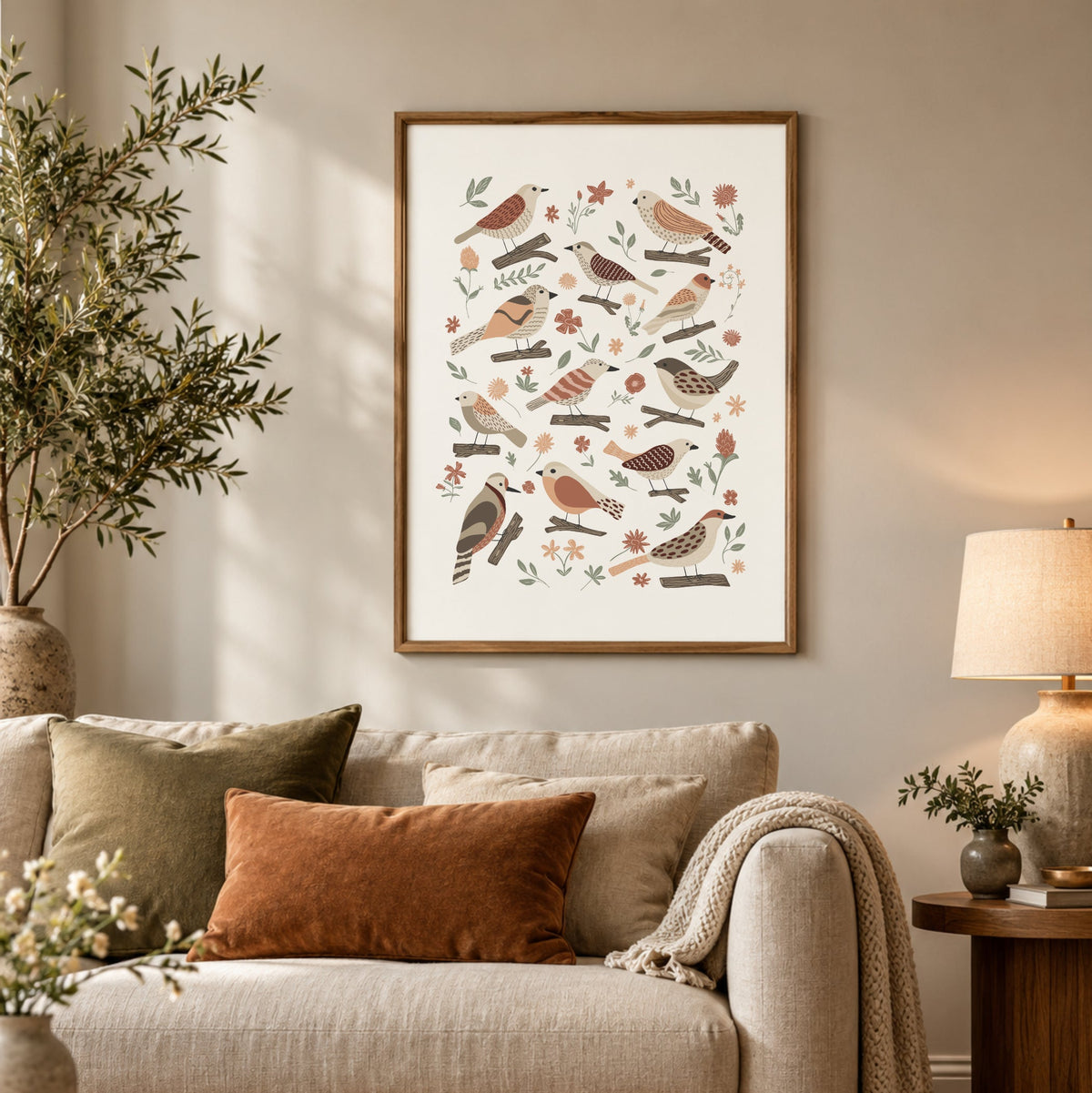 Botanical bird wall art displayed above a neutral sofa in a cosy living room with warm natural textures.