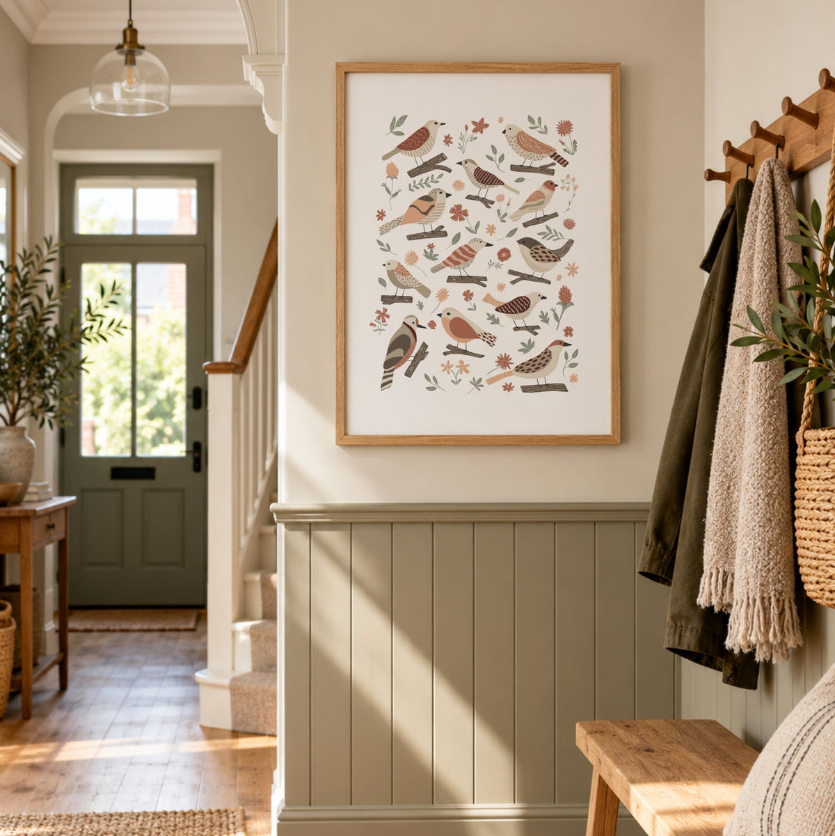 Botanical bird wall art displayed in a warm neutral hallway with wood panelling and cottage-inspired styling.