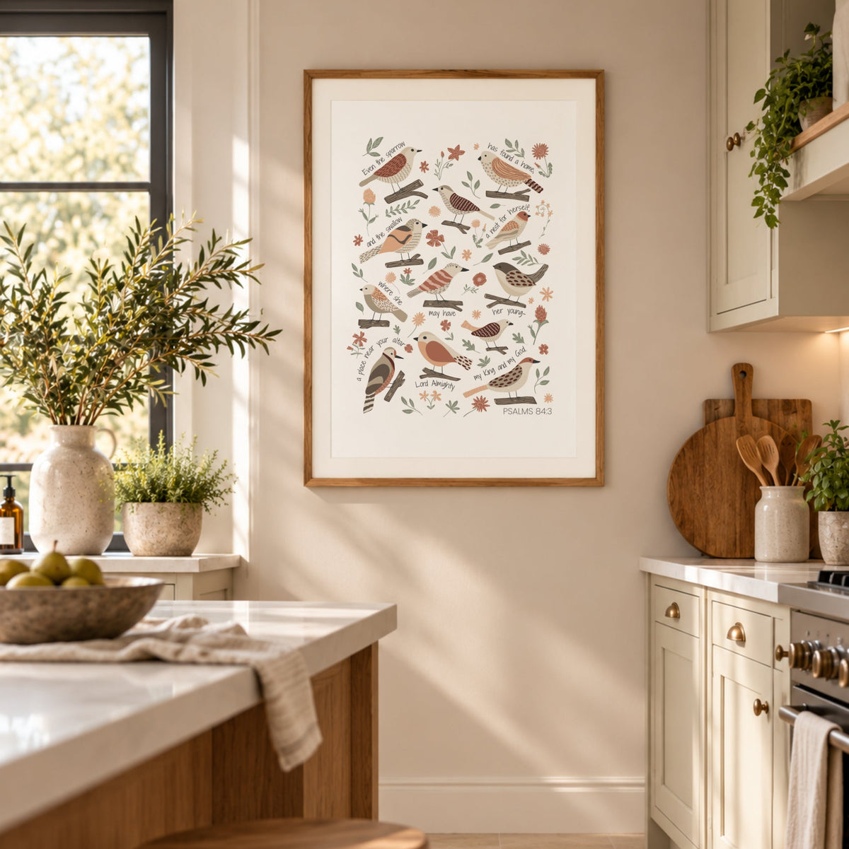 Christian garden bird print displayed in a bright cottage-style kitchen with warm wood and soft neutral tones.
