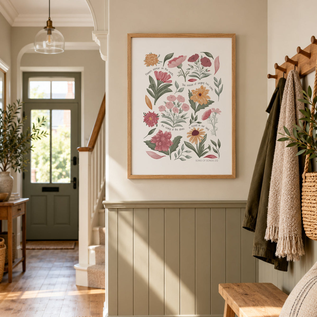Botanical Christian wall art featuring Song of Songs 2:12 displayed in a warm neutral hallway with wood panelling.