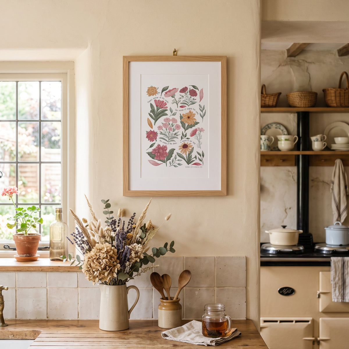 Song of Songs floral wall art displayed in a bright kitchen and dining space with warm neutral styling.