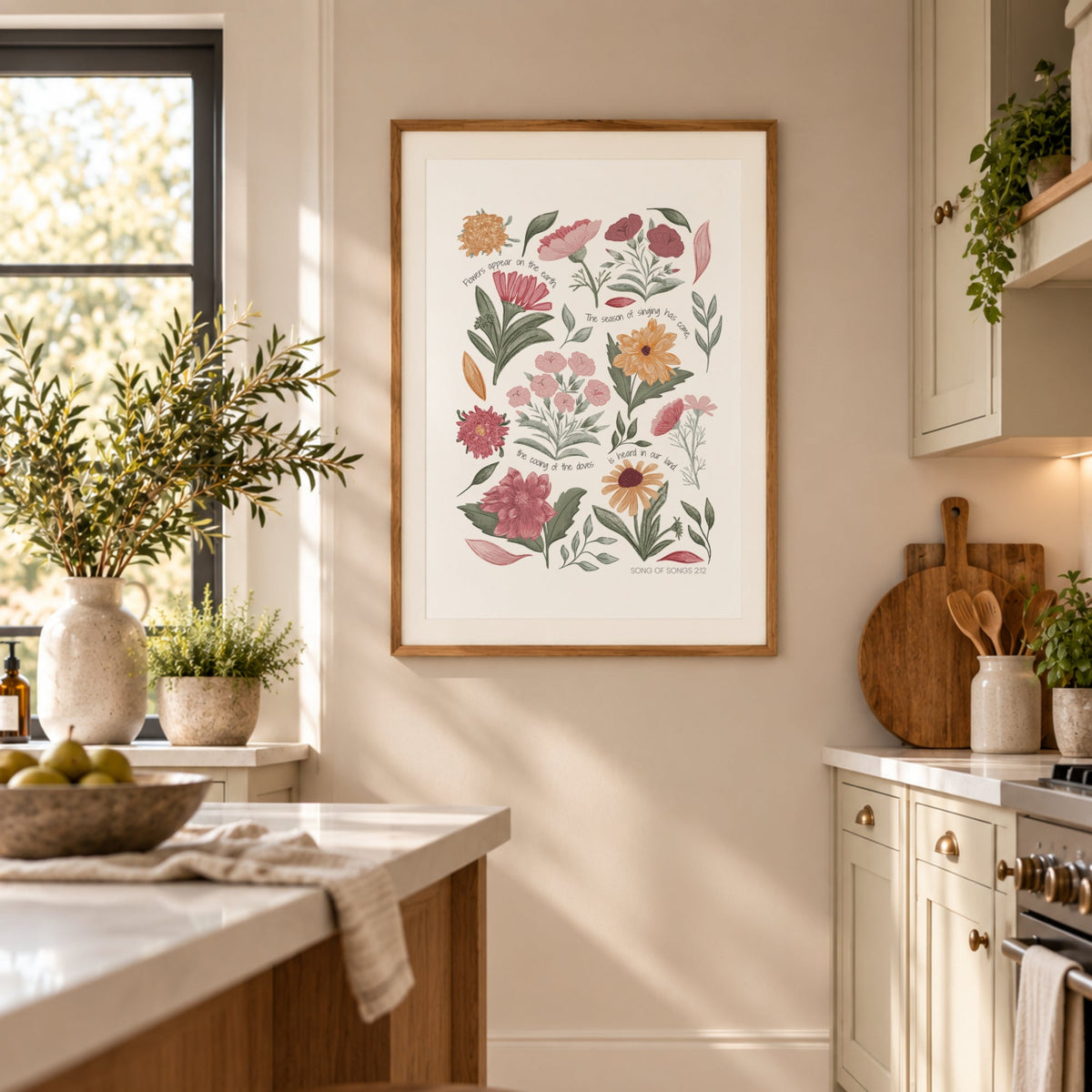 Hand-illustrated garden flower art print with Song of Songs 2:12 scripture in soft pink, peach and green tones.