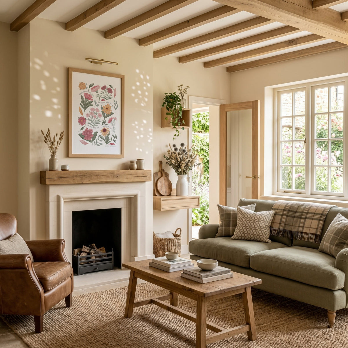 Christian floral wall art displayed above a fireplace in a bright country living room with exposed wooden beams.