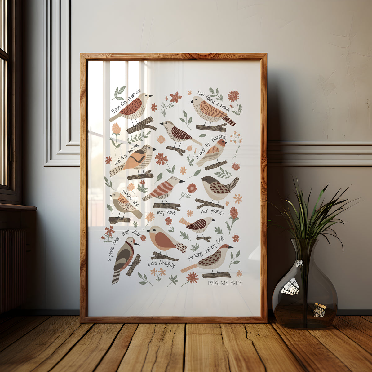Hand-illustrated bird scripture print featuring sparrows, garden birds, flowers and soft earthy botanical details.