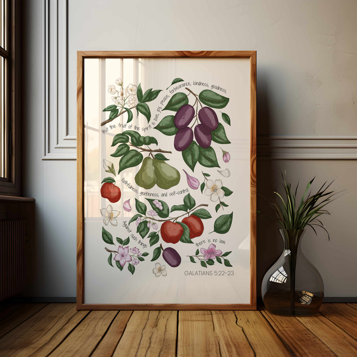 Hand-illustrated Fruits of the Spirit art print with plums, apples, pears and leafy botanical details.