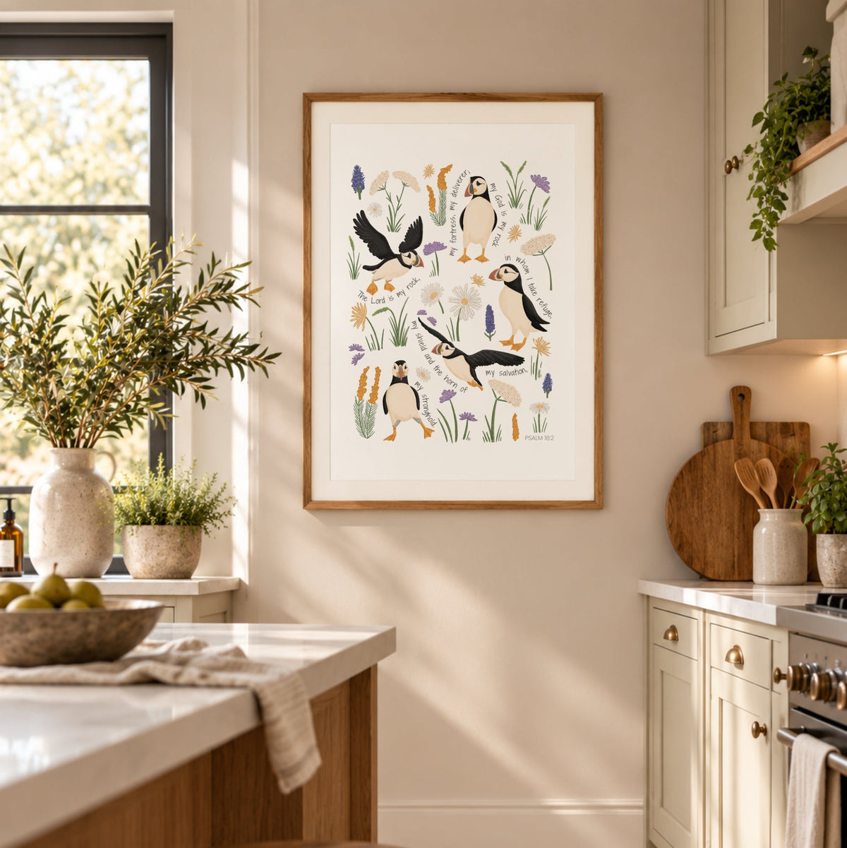 Christian puffin wall art featuring Psalm 18 displayed in a warm neutral kitchen with natural wood and cottage-inspired styling.