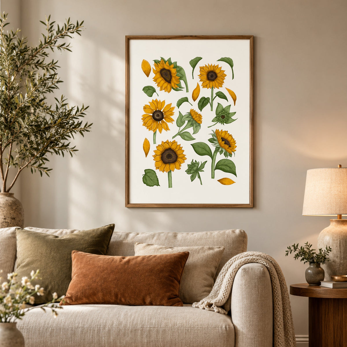 Hand-drawn sunflower wall art in a light wood frame above a cosy neutral sofa with warm earthy cushions and soft cottagecore styling.