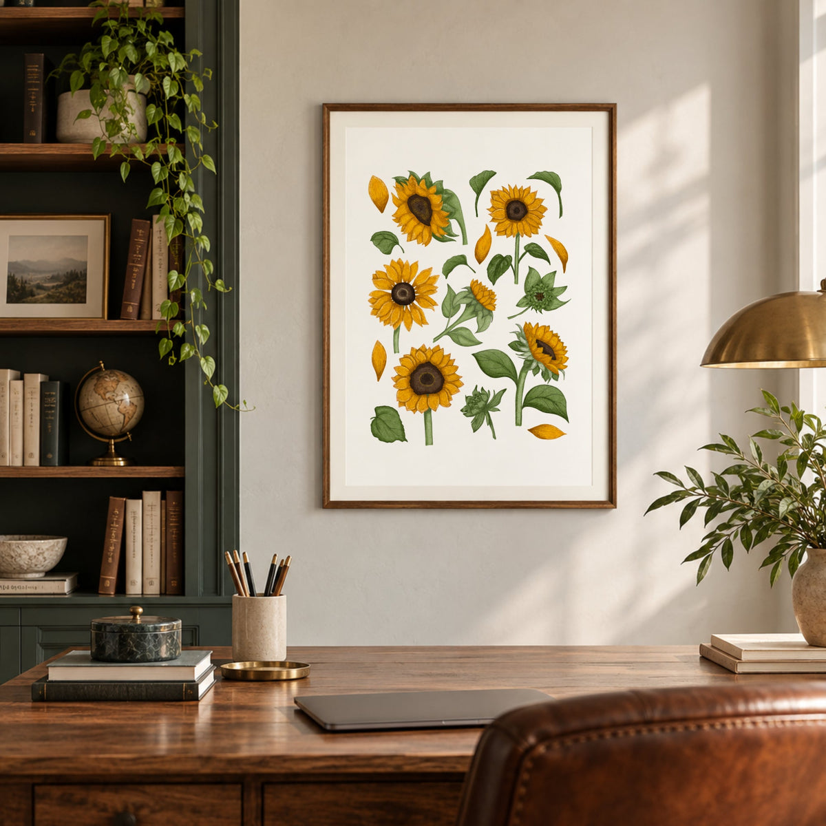 Golden sunflower botanical print displayed in a warm dark wood interior with shelving, natural textures and traditional home decor.
