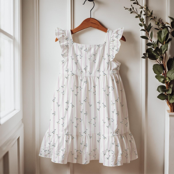 A white sleeveless baby dress with light blue polka dots and eyelet lace details, hanging on a wooden hanger against a white paneled wall next to a window and a potted plant.