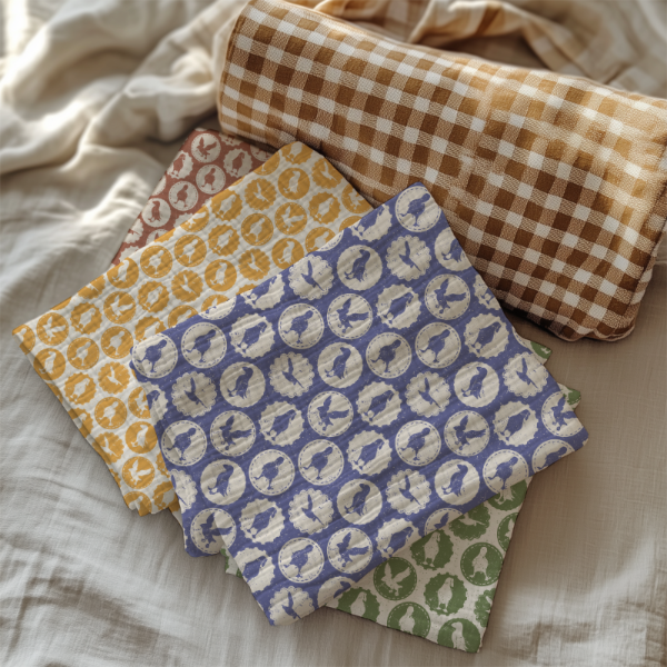 Four folded muslin cloths with different puffin patterns, with a matching brown-and-cream gingham pillowcase leaning behind them. The fabrics show repeating circular motifs in blue, yellow, green, and brown tones.