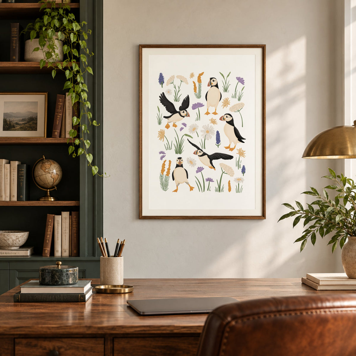 Hand-drawn puffin art print displayed in a warm dark wood interior with shelving, natural textures and cosy coastal styling.