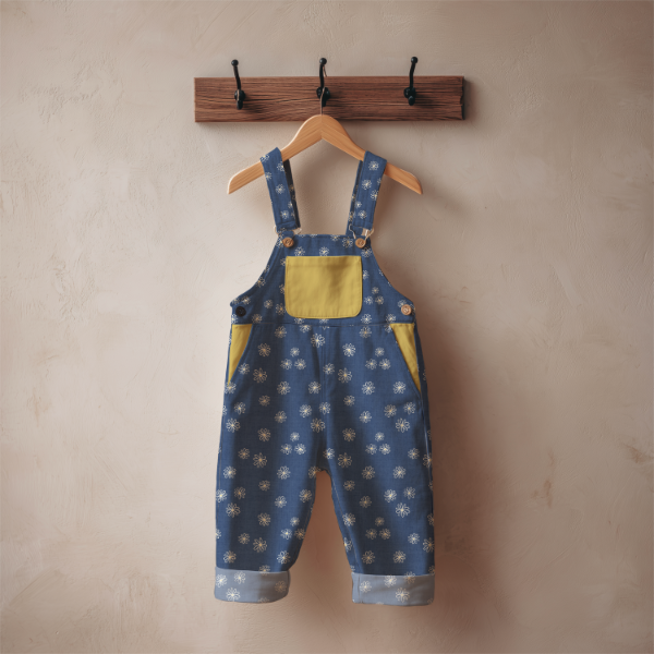 A baby romper in blue denim-style fabric with a white daisy print, featuring a yellow front pocket and yellow side pockets, hanging on a wooden hanger from a rustic wooden wall hook.