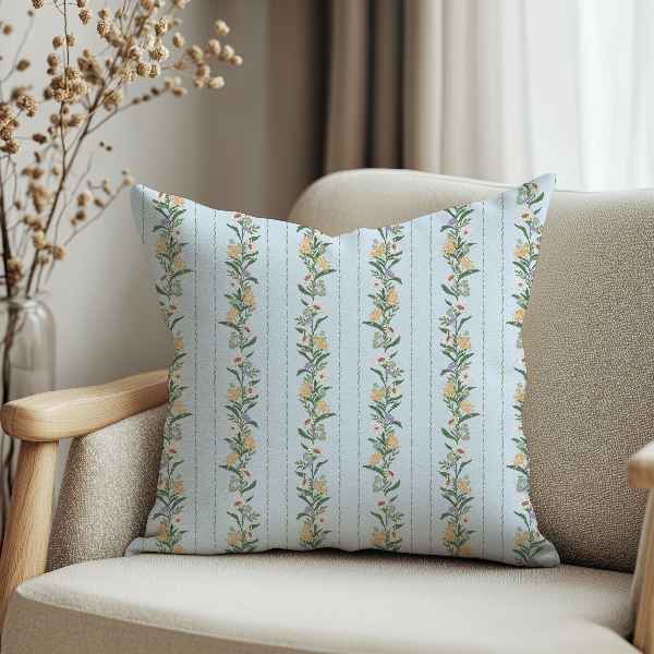 A square throw pillow with a vertical stripe pattern featuring yellow flowers and green leaves on a pale blue background, styled on a beige armchair in a cozy room setting.