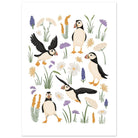 Unframed puffin art print featuring hand-drawn seabirds, sea holly and soft earthy coastal colours on a light background.