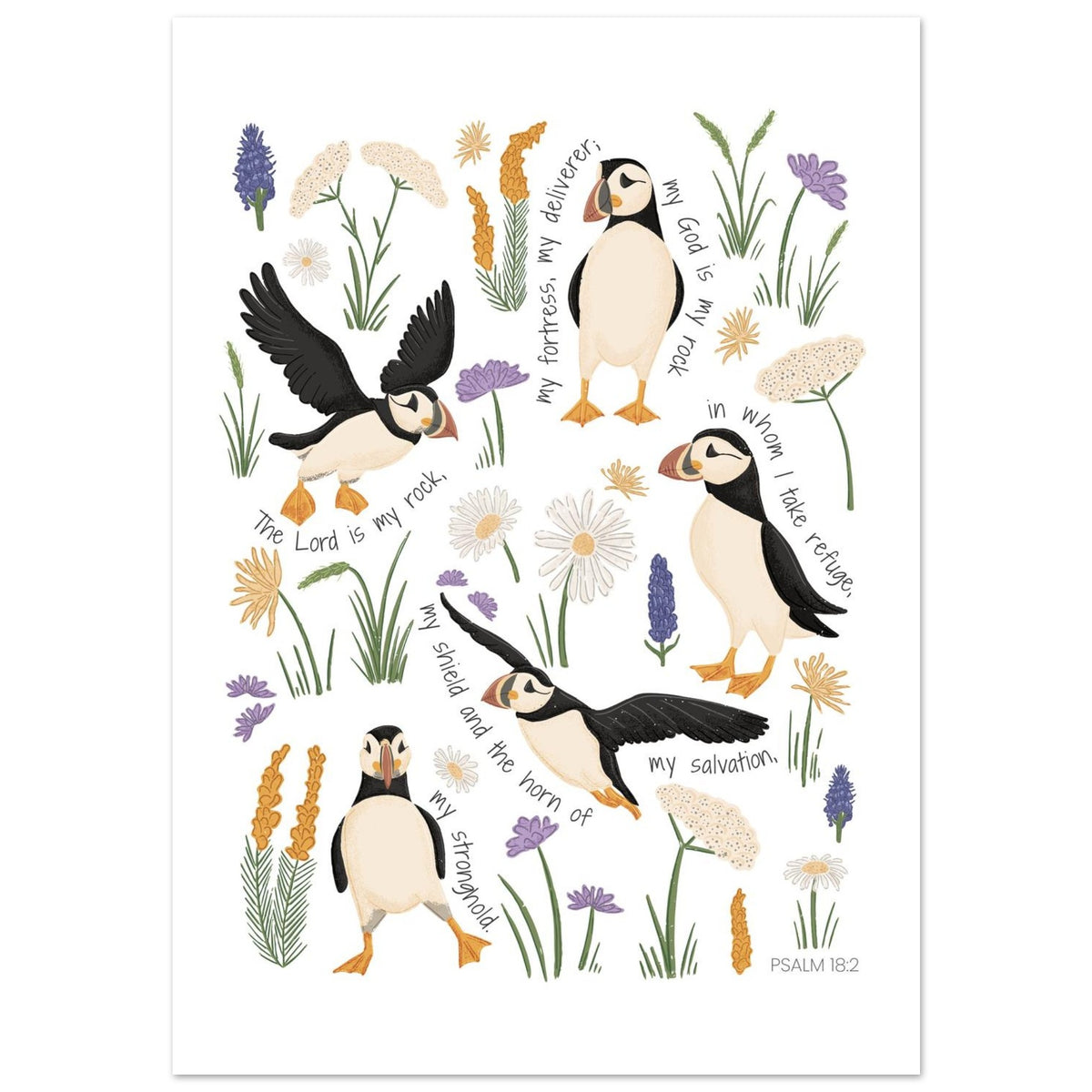 Unframed puffin scripture print on a white background. 
