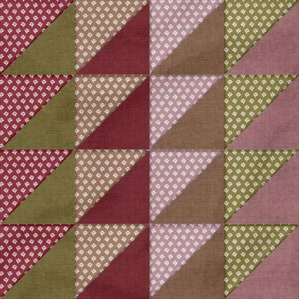 A close-up of a patchwork fabric design made of repeating diagonal triangles in muted pink, olive green, burgundy, tan, and light lavender, with small repeating floral or leaf-like motifs in some sections.