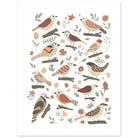 Unframed garden birds art print featuring hand-drawn birds, sparrows, flowers and foliage in soft earthy colours.