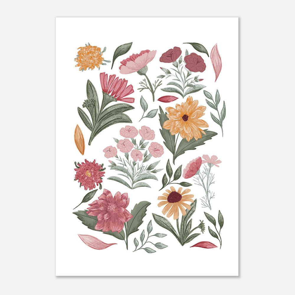 Unframed botanical art print featuring soft pink, peach and green flowers inspired by an English cottage garden.