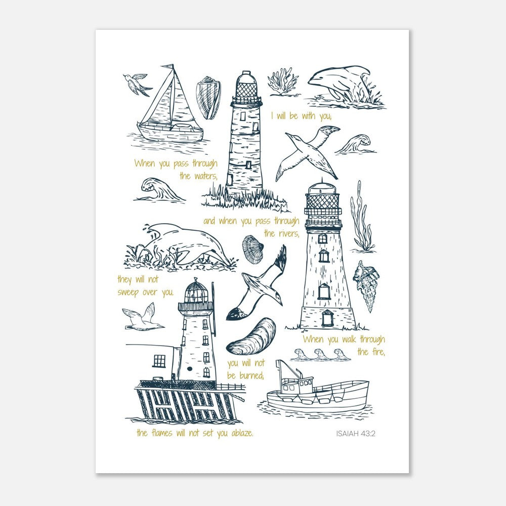 1196d2fa-5beUnframed lighthouse and seascape scripture art print featuring hand-drawn coastal illustrations and Isaiah 43:2.f-456e-b184-6677f2f9f67a