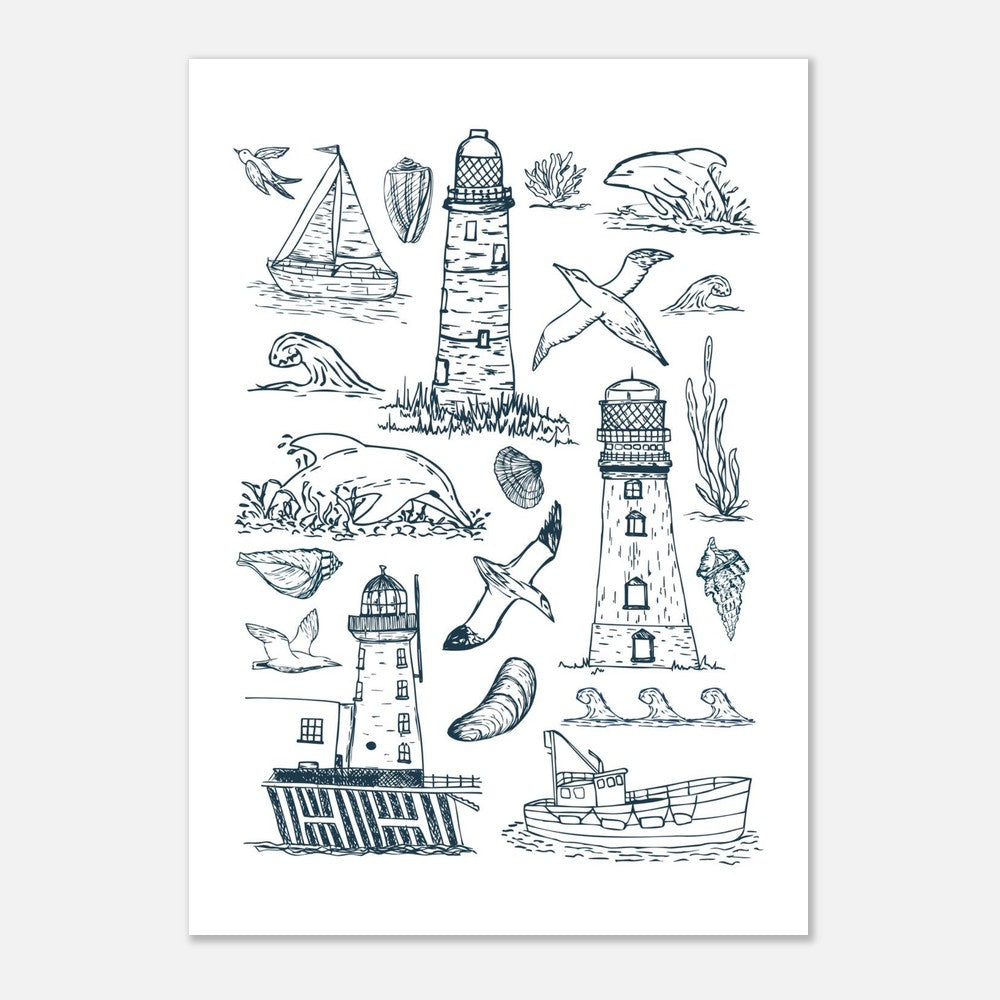 Unframed lighthouse art print featuring hand-drawn nautical and seaside illustrations in soft blue coastal tones.