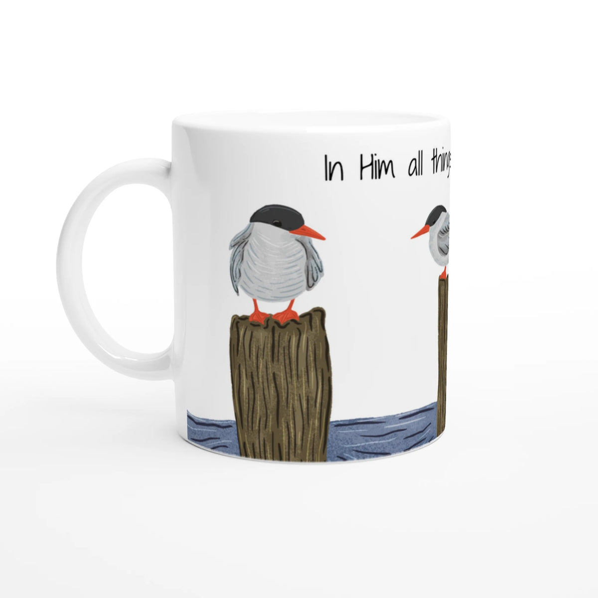 Arctic Tern Christian ceramic mug featuring Colossians 1 17 scripture by Jo Froud Design Studio.