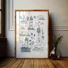 Close-up of hand-drawn nautical Christian art print with lighthouse, sea and coastal details in soft blue tones.