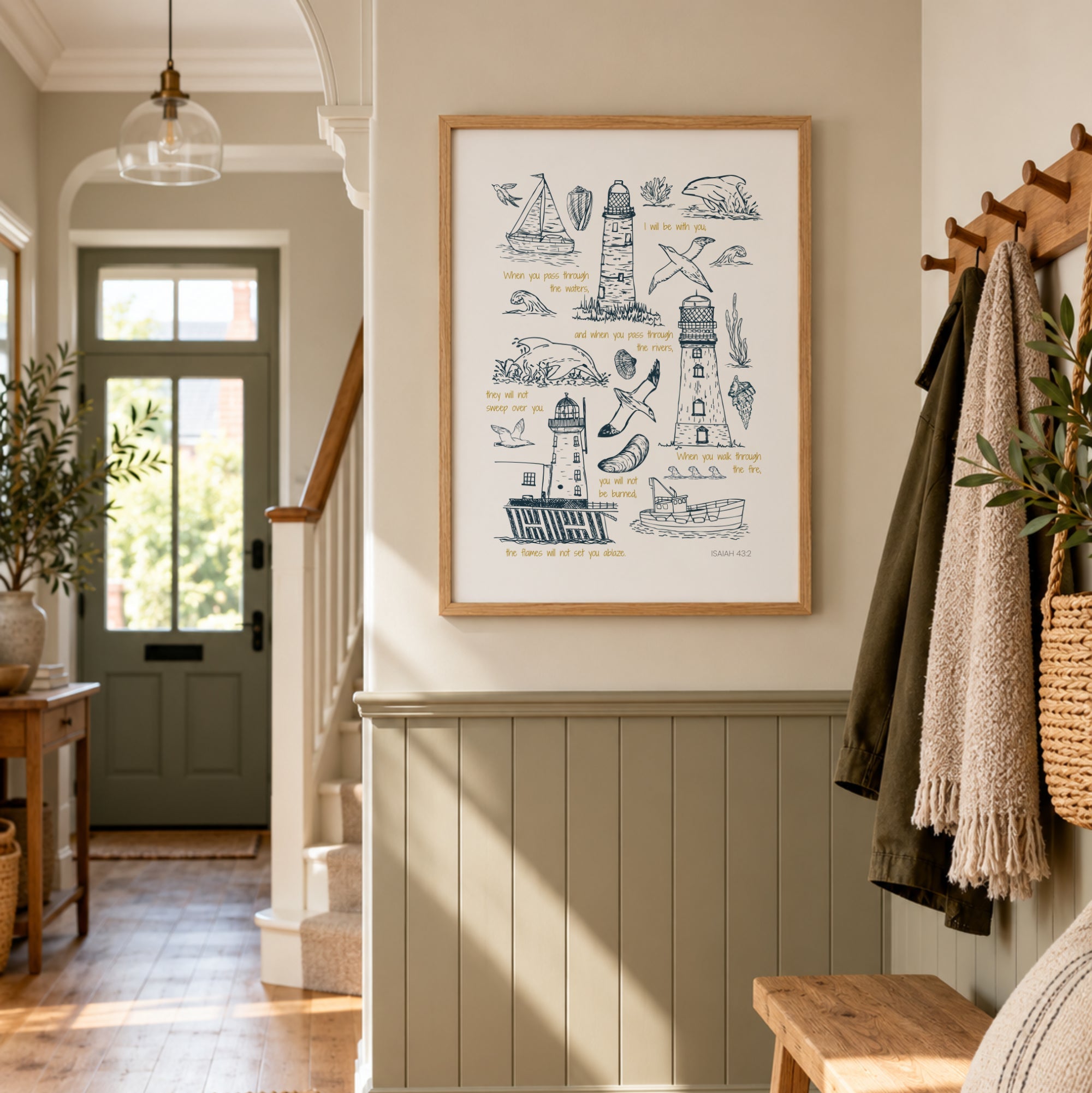 Hand-drawn coastal scripture print featuring lighthouse and nautical illustrations displayed in a warm neutral hallway.