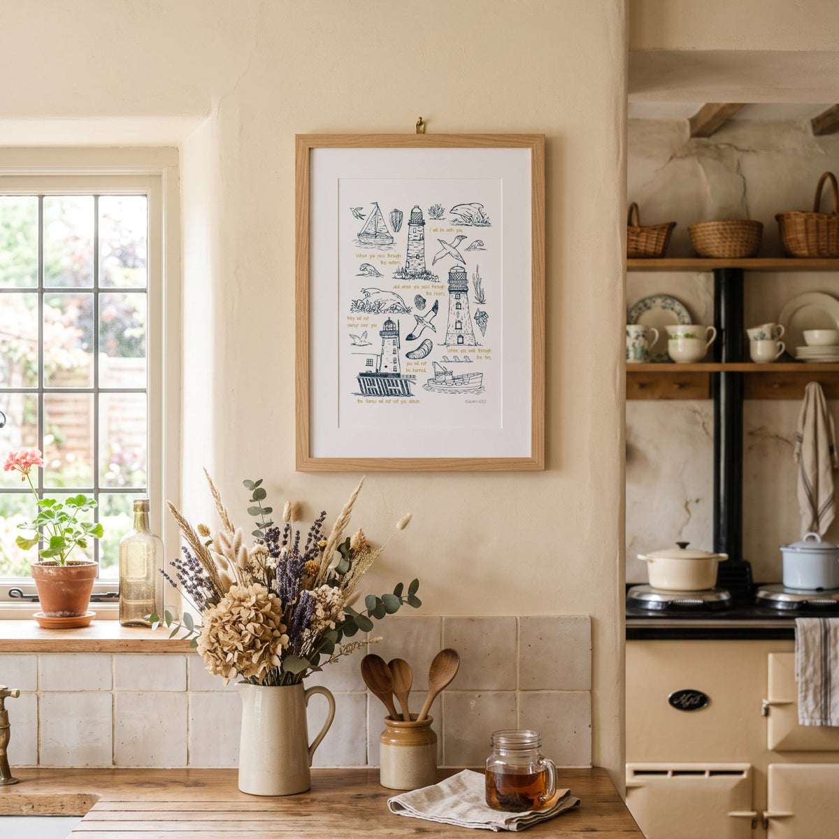 Lighthouse scripture wall art displayed in a light cottage-style kitchen with warm neutral walls and natural wood accents.