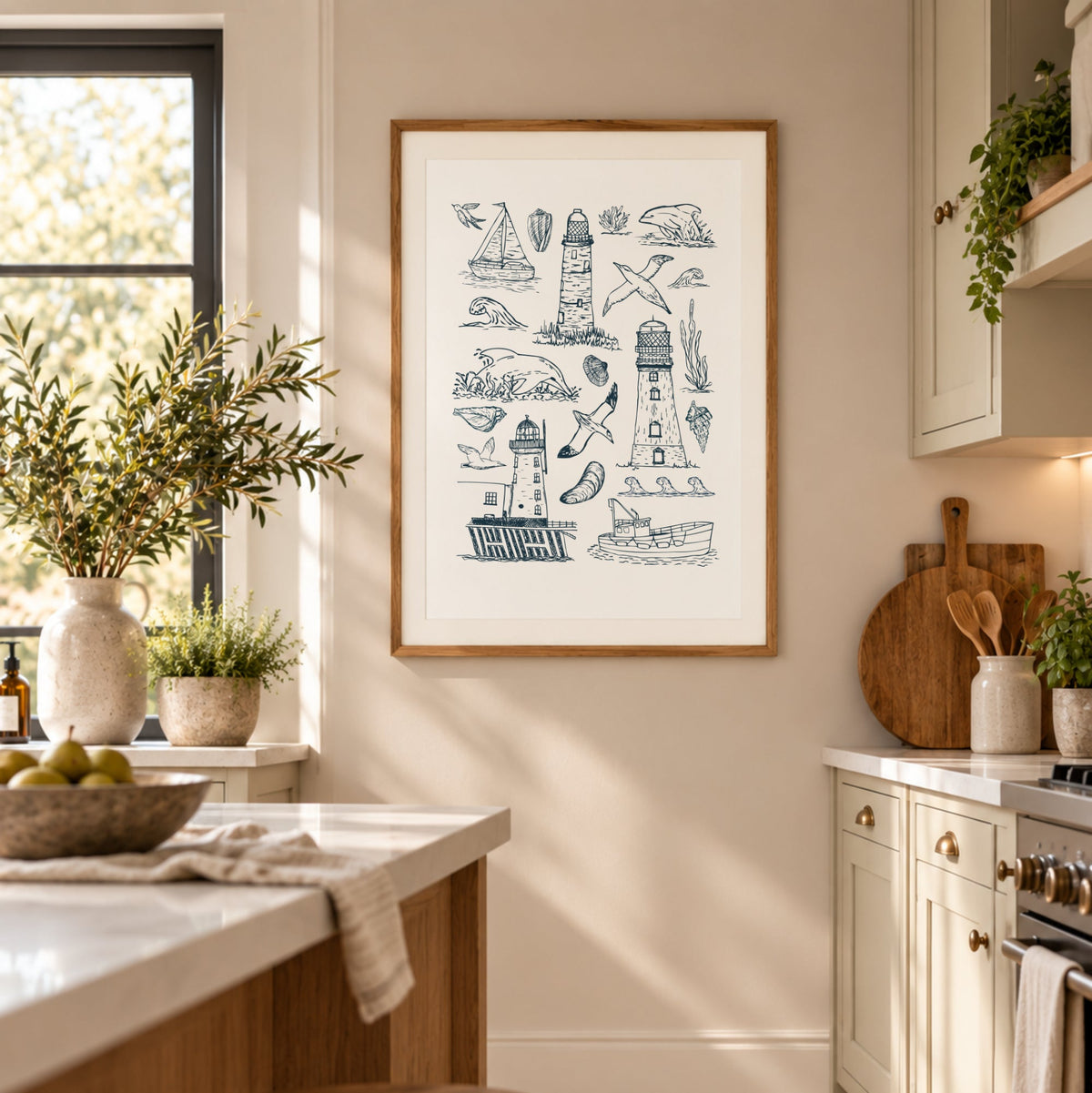 Lighthouse coastal print displayed in a bright cottage-style kitchen with natural wood furniture and soft neutral tones.