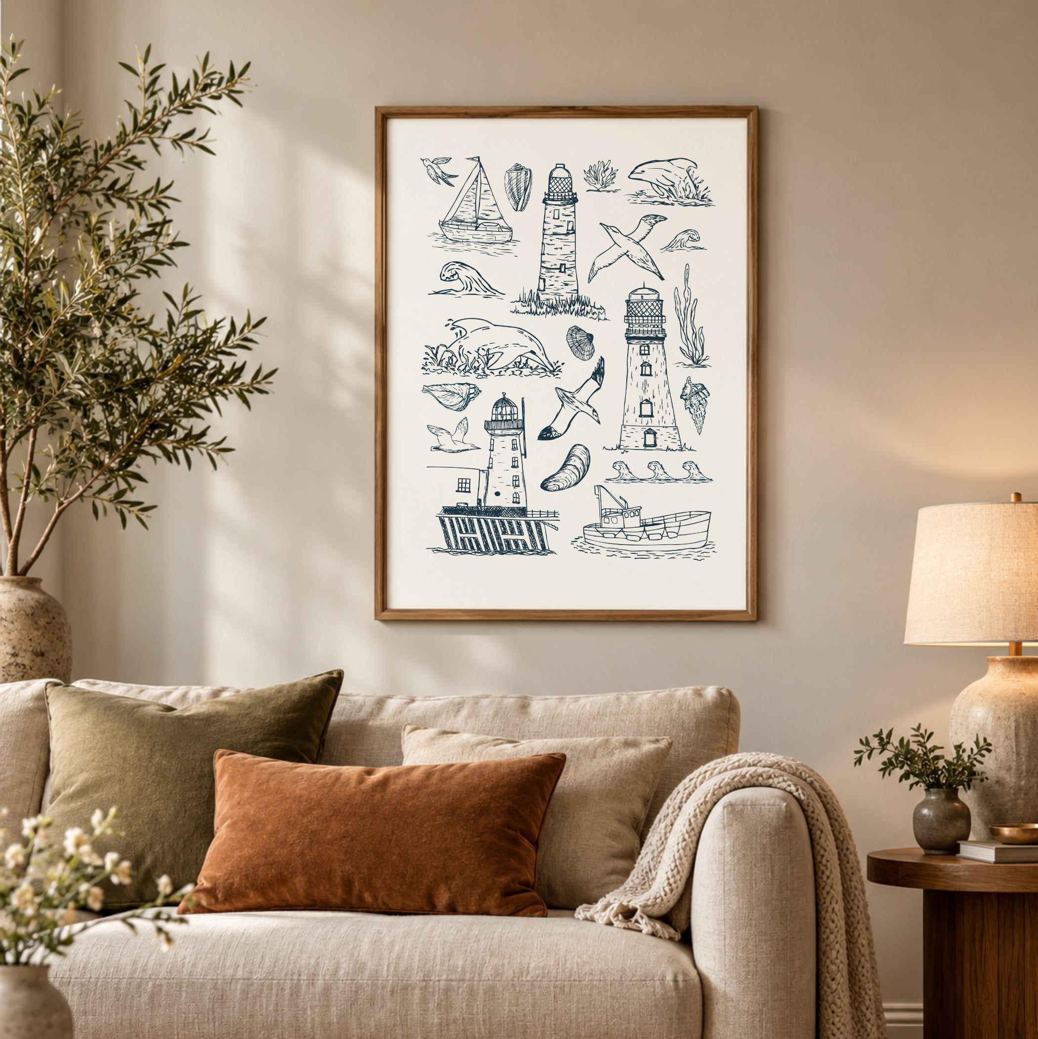 Coastal seascape wall art displayed above a neutral sofa in a cosy living room with warm earthy accessories.