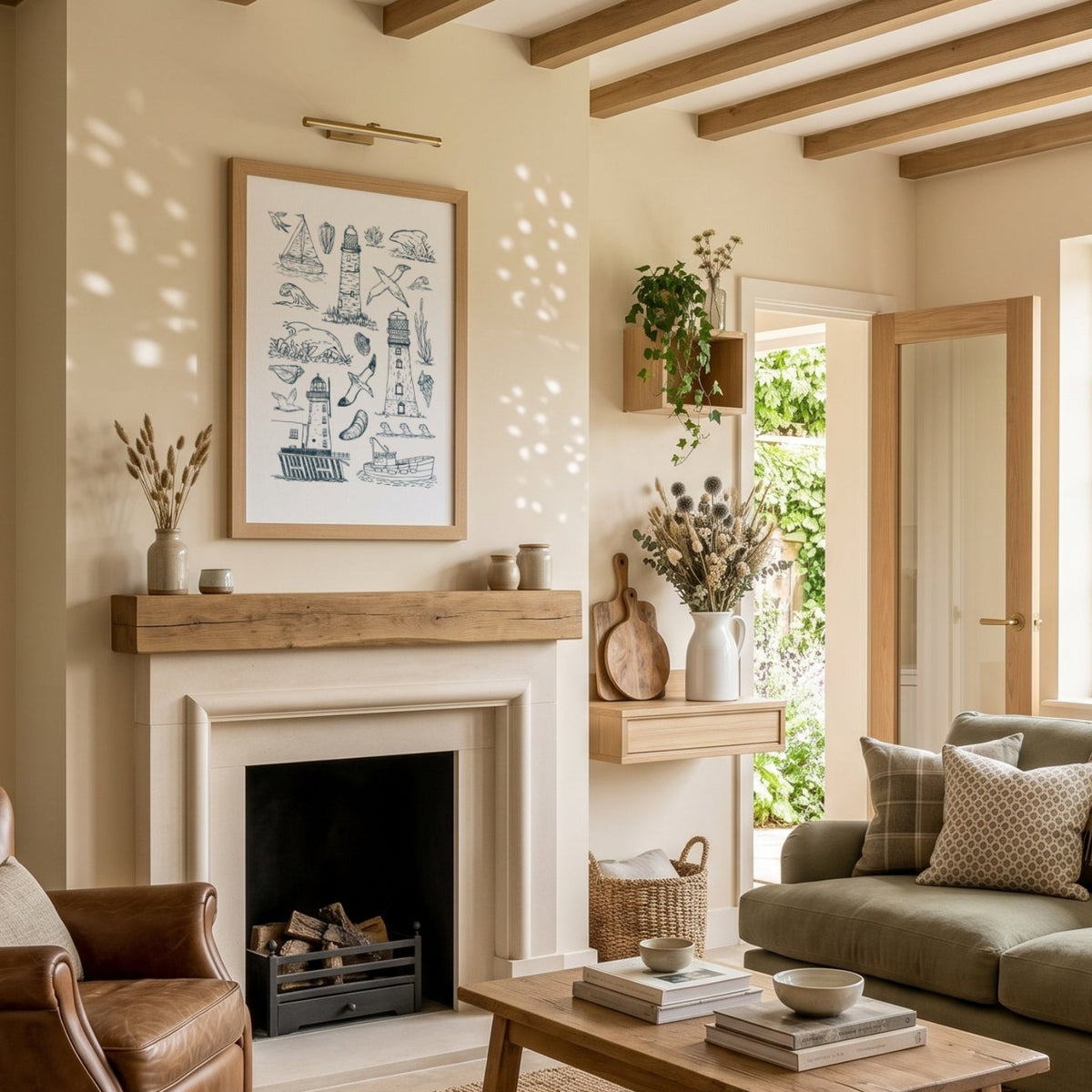 Lighthouse wall art displayed above a fireplace in a bright living room with exposed wooden beams and natural decor.