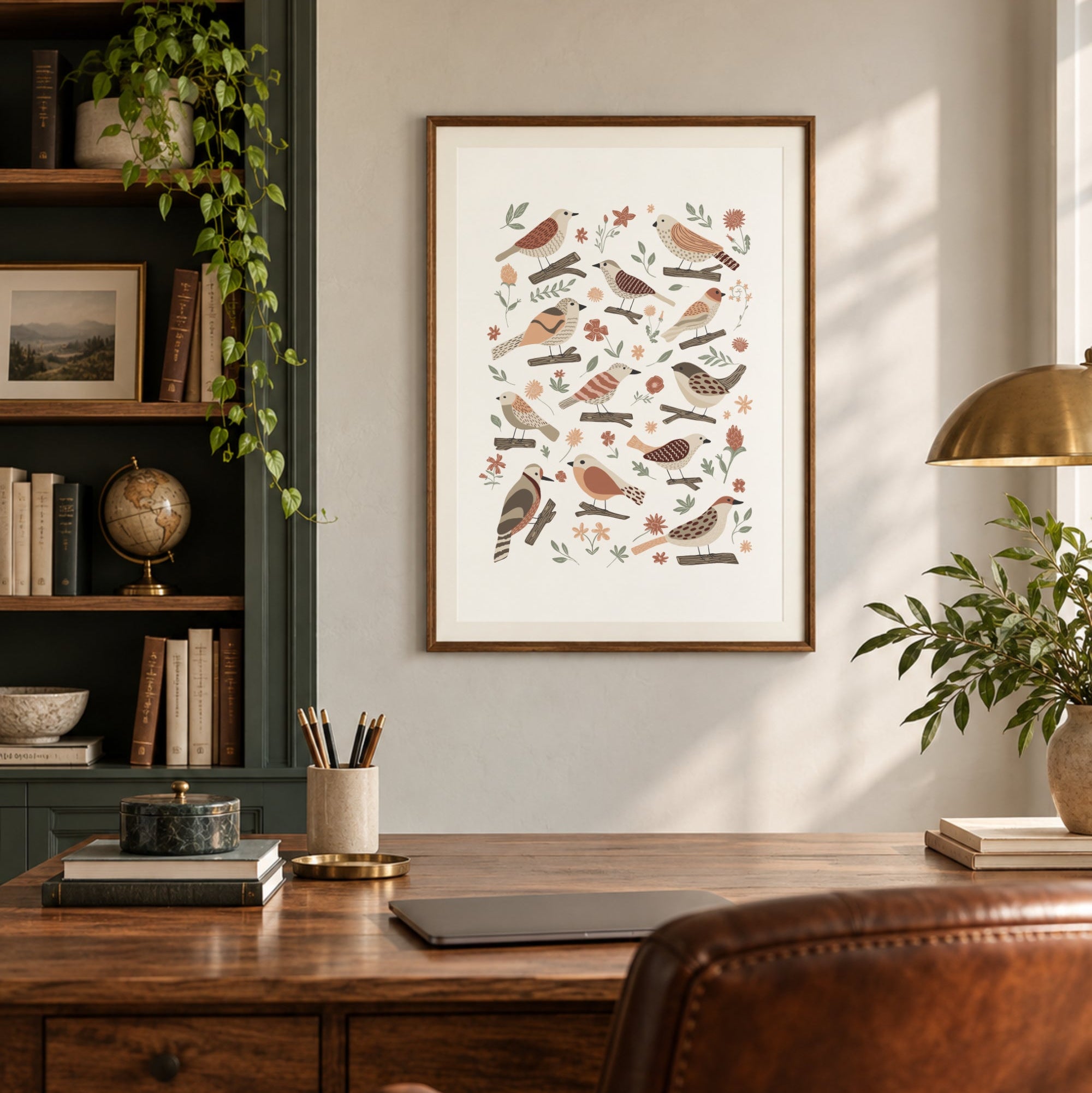 Hand-drawn bird print displayed in a warm dark wood interior with shelving, natural textures and cosy styling.