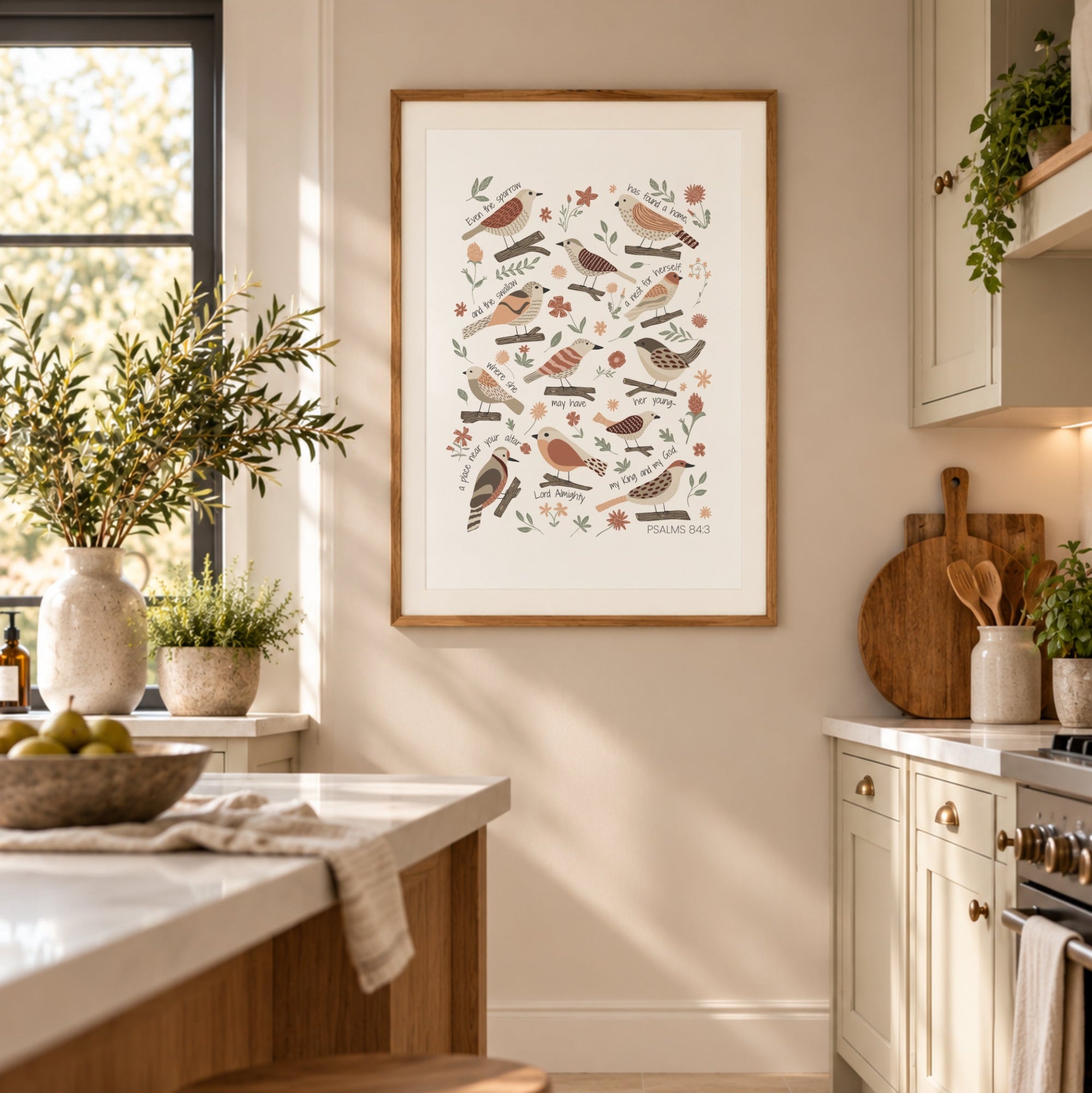 Christian garden bird print displayed in a bright cottage-style kitchen with warm wood and soft neutral tones.