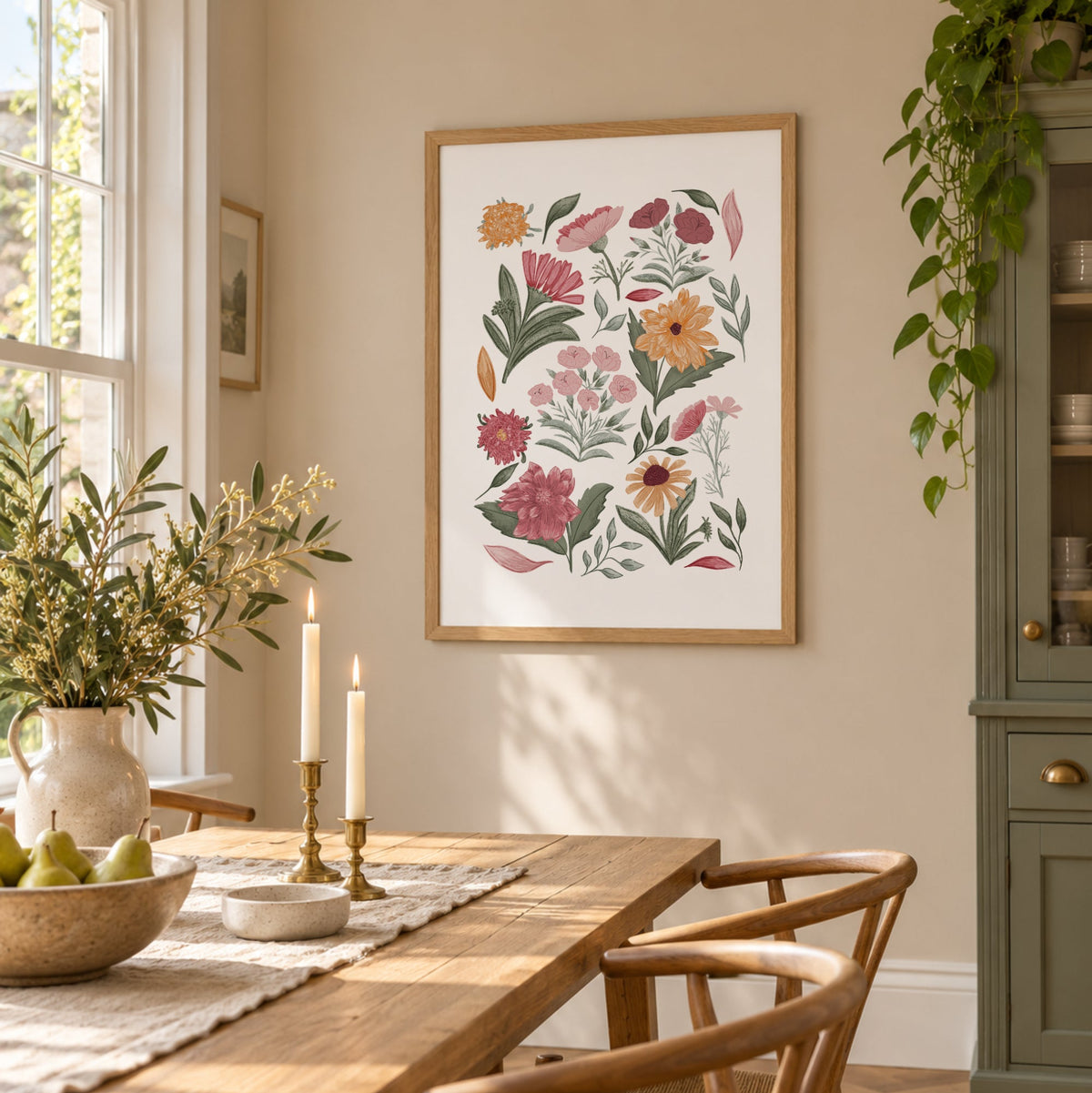 Cottage garden floral print displayed in a bright dining room with warm wood furniture and natural light.