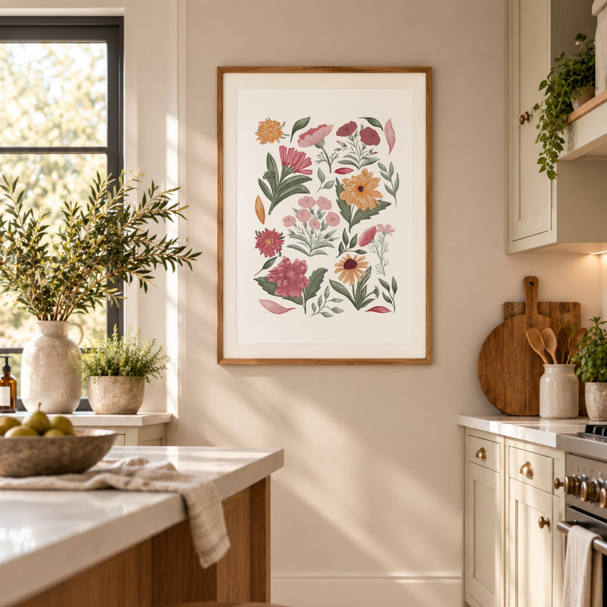 Pastel botanical wall art displayed in a bright cottage-style kitchen with natural wood and soft neutral decor.