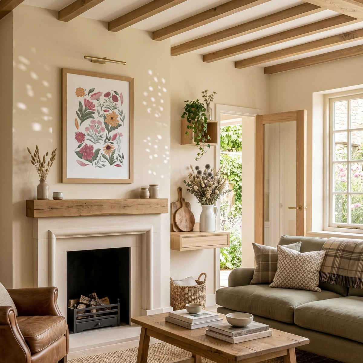 Cottage garden wall art displayed above a fireplace in a bright country living room with exposed wooden beams.