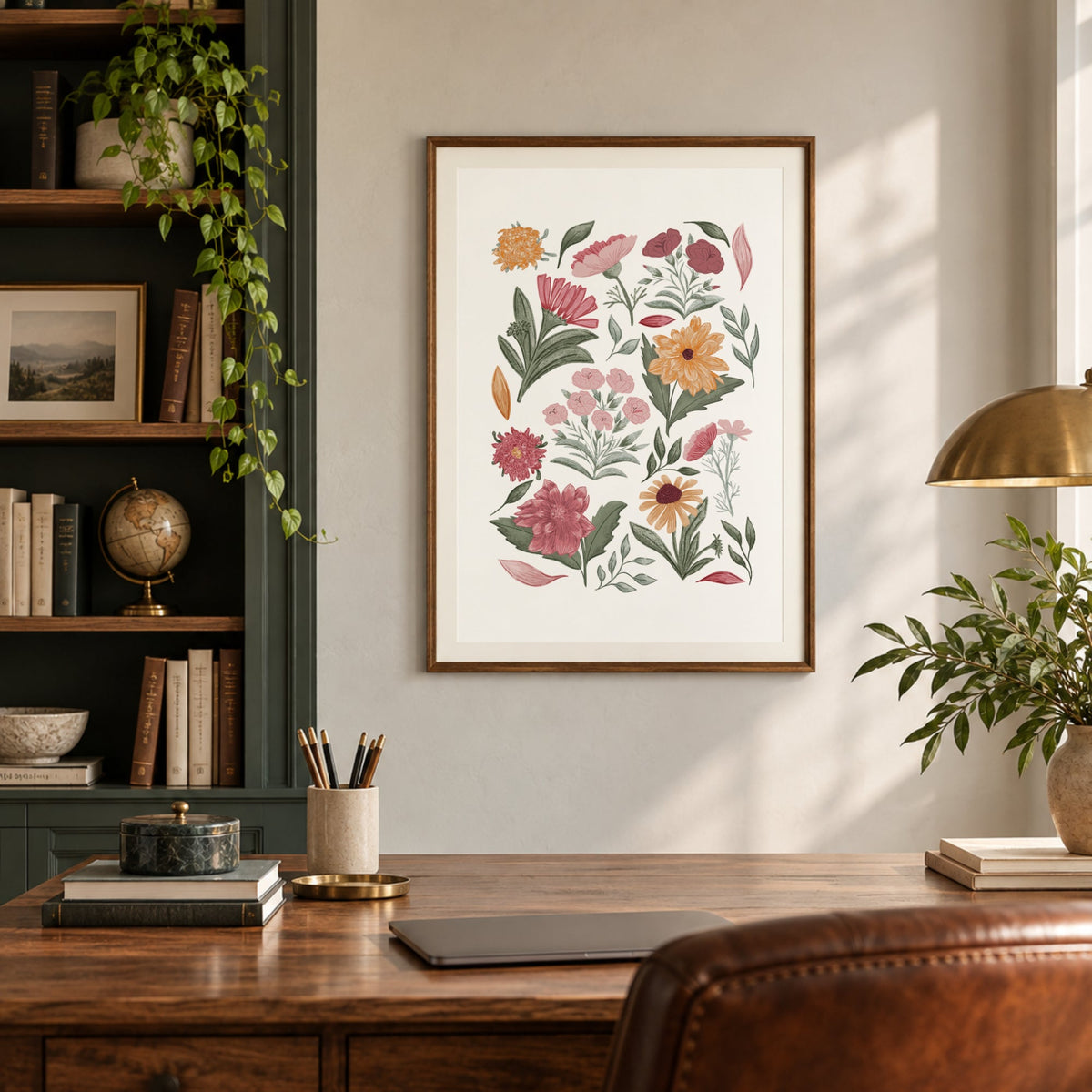 Pastel floral botanical print displayed in a warm dark wood interior with shelving and cosy natural textures.