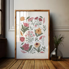 Hand-illustrated garden flower art print with Song of Songs 2:12 scripture in soft pink, peach and green tones.