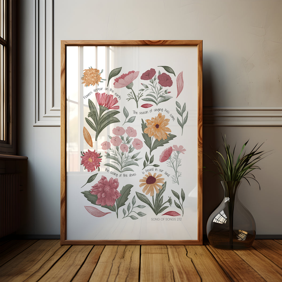Hand-illustrated garden flower art print with Song of Songs 2:12 scripture in soft pink, peach and green tones.