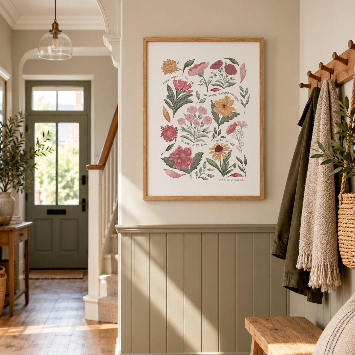 Botanical Christian wall art featuring Song of Songs 2:12 displayed in a warm neutral hallway with wood panelling.