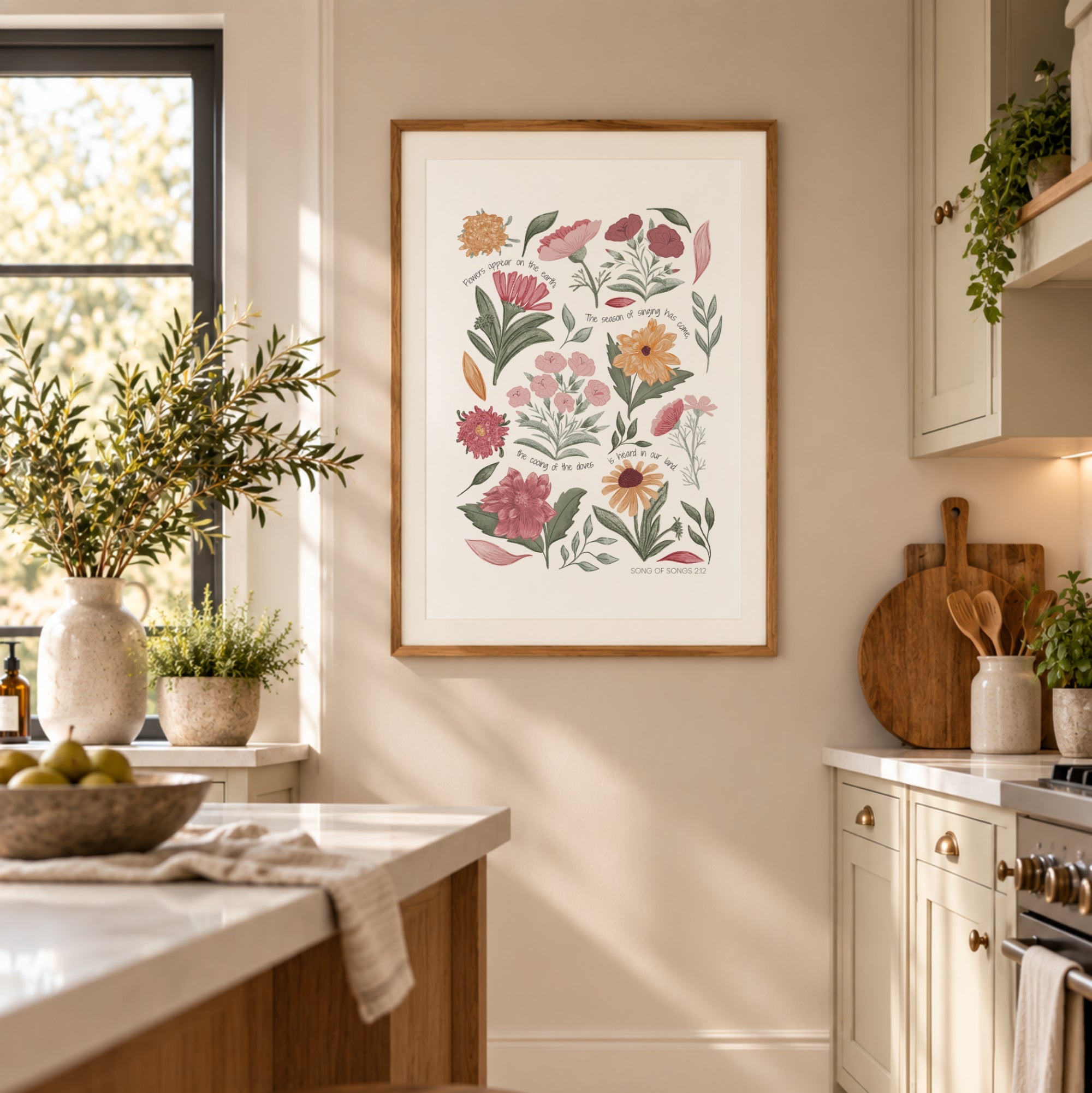 Hand-illustrated garden flower art print with Song of Songs 2:12 scripture in soft pink, peach and green tones.