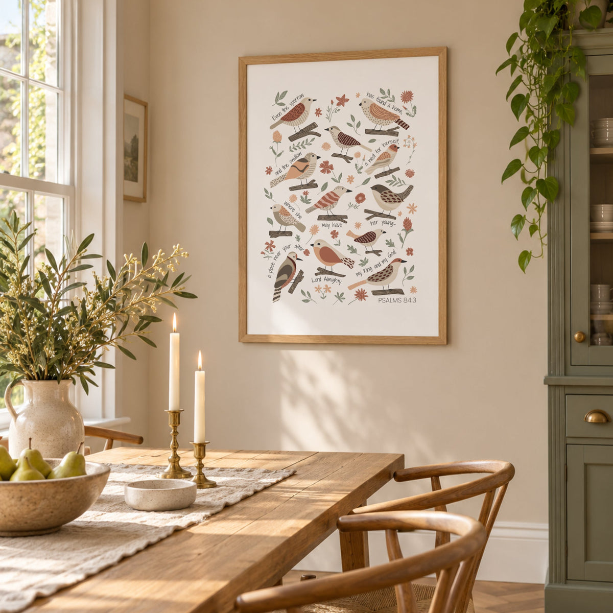 Botanical bird scripture wall art displayed in a bright dining room with natural wood furniture and soft cottage styling.